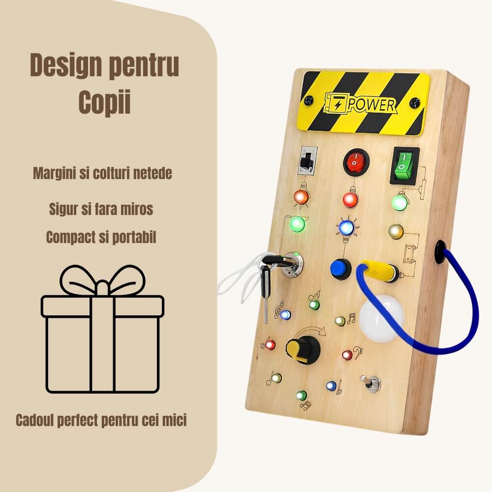 Jucarie Montessori Busy Board cu LED, Placa Senzoriala Educativa pentru Copii, Activitati Motricitate Fina, Lemn, Multicolor