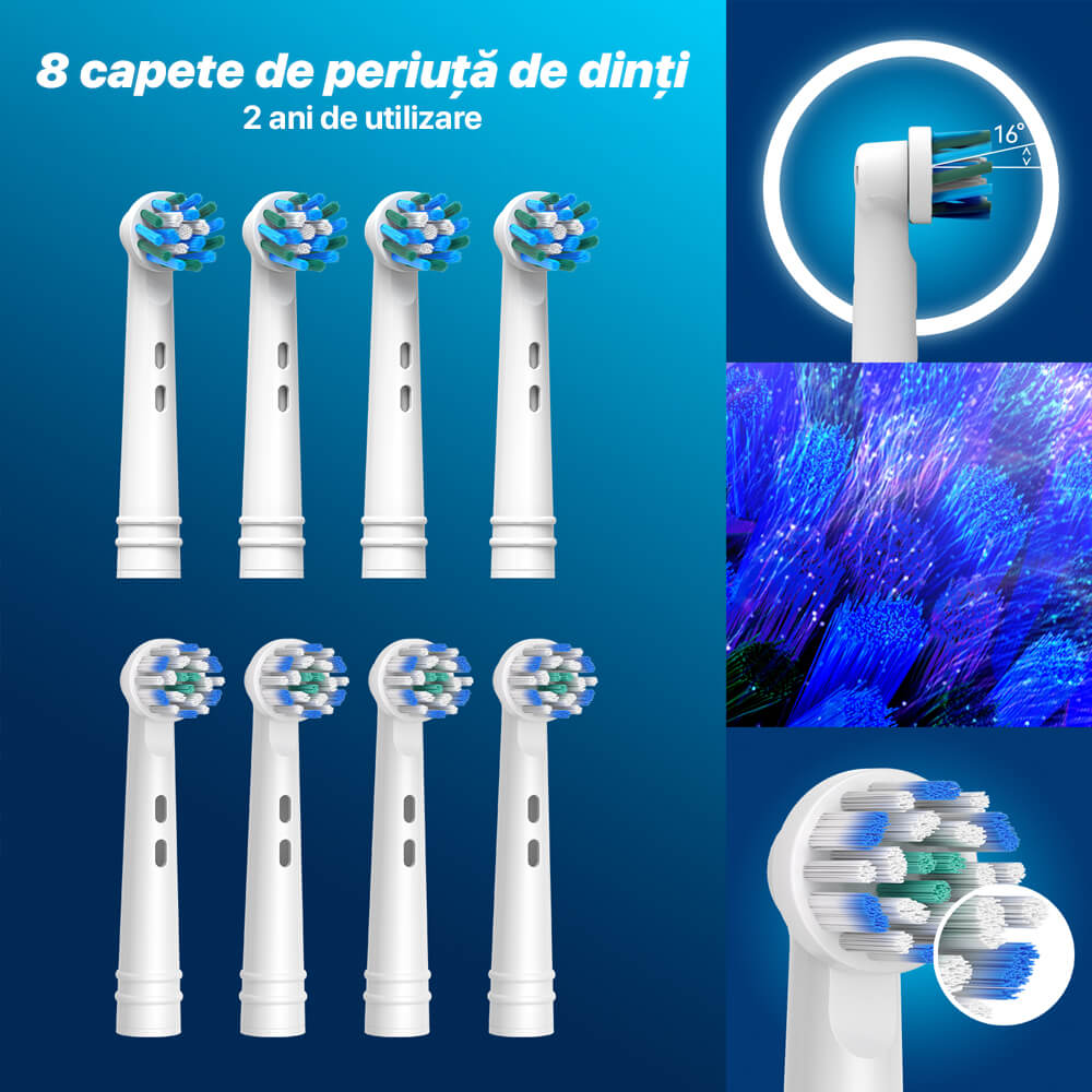 Periuta de dinti electrica rotativa, DrKala, 8000 pulsatii/min, 5 moduri de curățare, 8 capete incluse, functie smart timer, IPX7, Alb