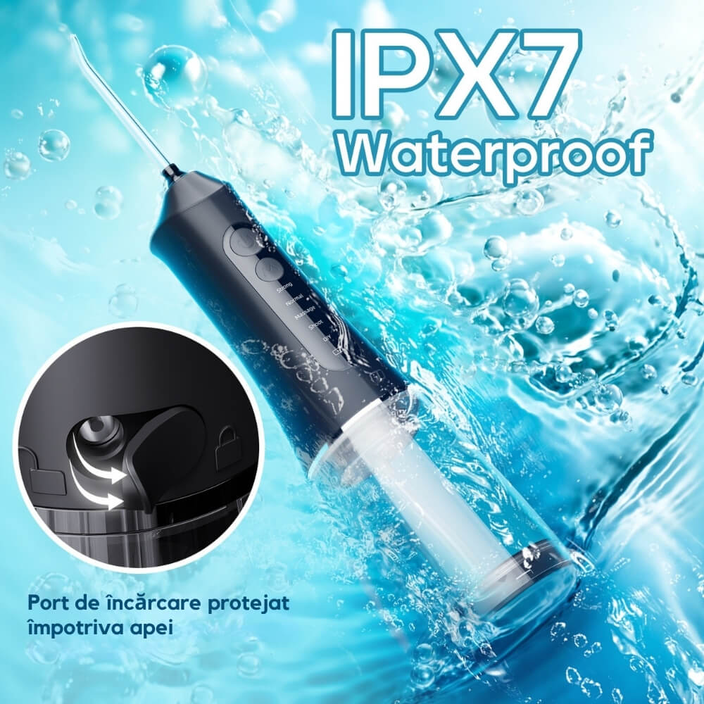 Irigator Bucal tip Dus Bucal Portabil, DrKala®, 1380 pulsatii/min, 5 Programe, 7 duze incluse, personalizare pulsatii, Rezervor 300 ml, Igiena orala completa, Negru