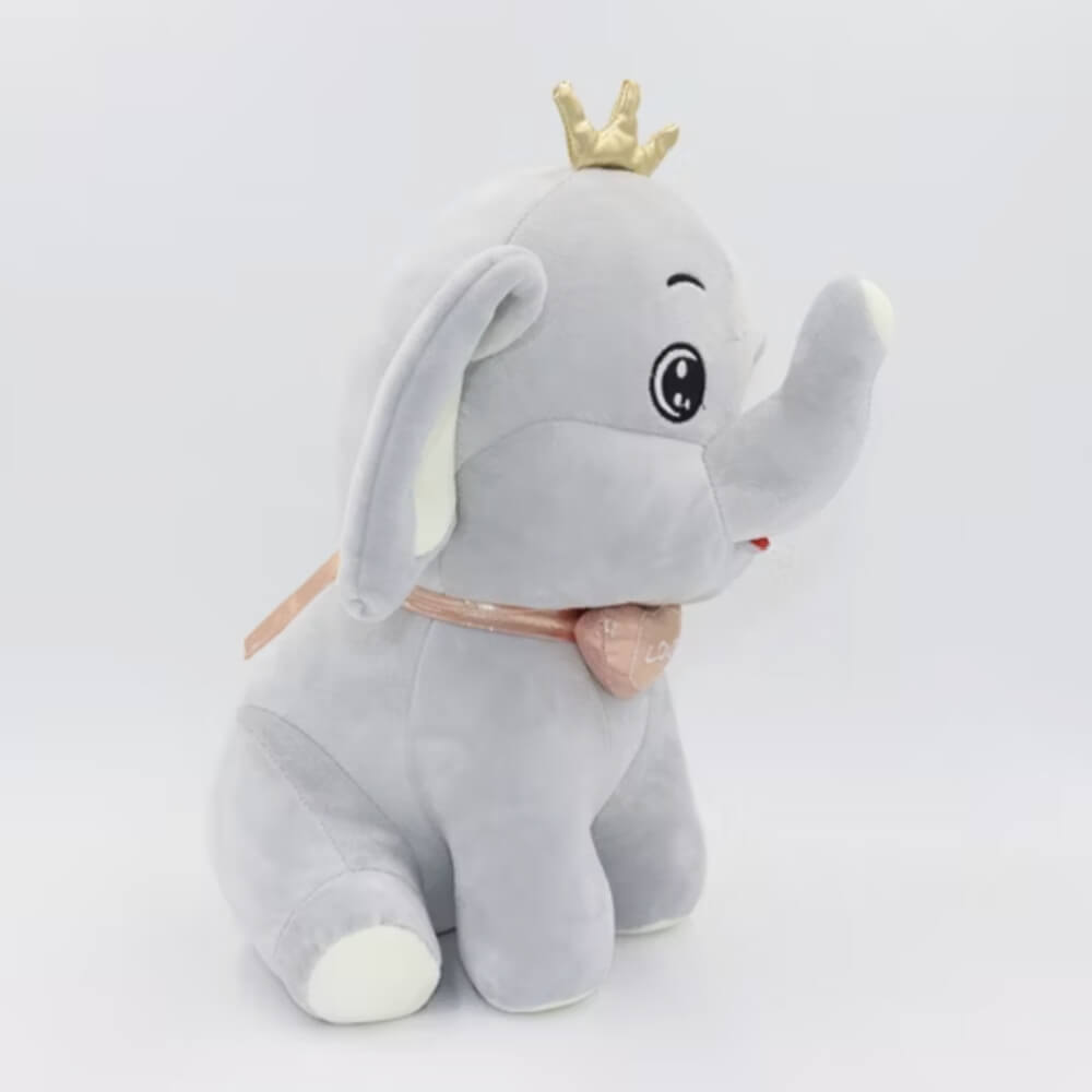 Jucărie de pluș premium Elefant gri cu inimioară și coroniță, moale și pufoasă, 30 cm, Gri
