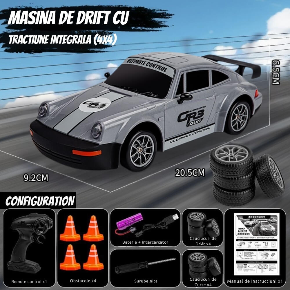 Masinuta cu Telecomanda RC Drift Car, Porsche Vintage, 1:24, 2.4GHz, 20 km/h, Tractiune Integrala, 2 Seturi Anvelope (Speed & Drift), Obstacole Incluse, Baterie Reincarcabila, Gri