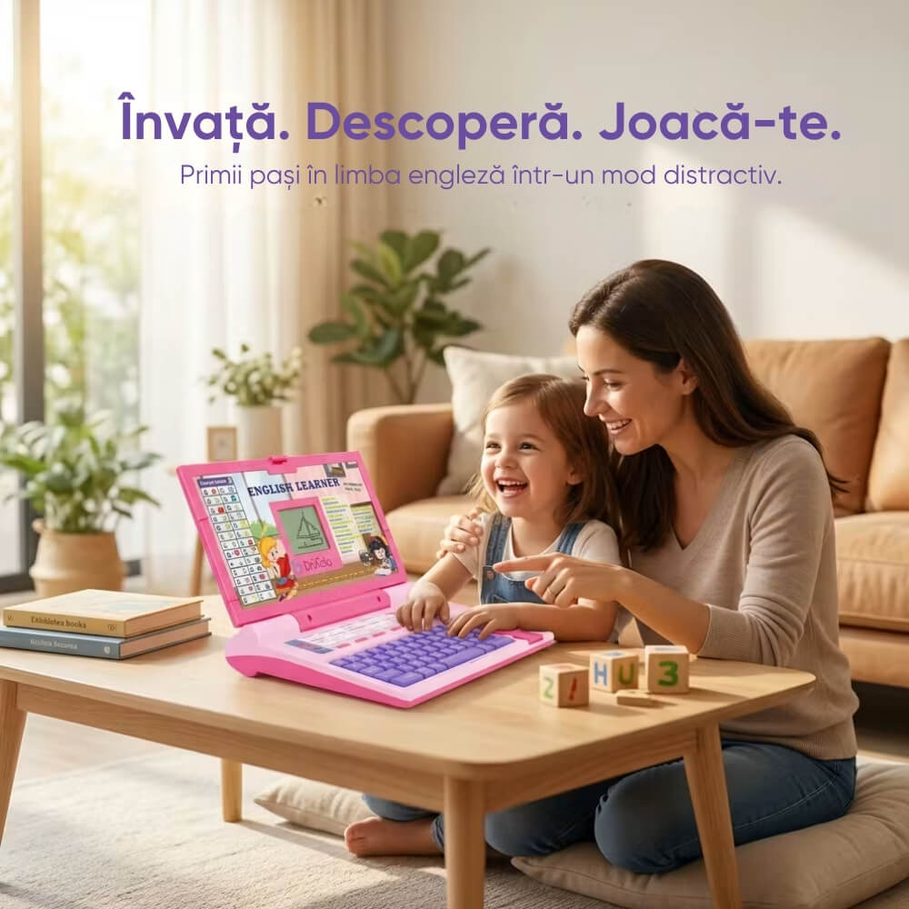 Laptop educational copii English Learner, limba engleza, alfabet, numere, muzica, jocuri interactive, ecran de desen, taste mari, roz