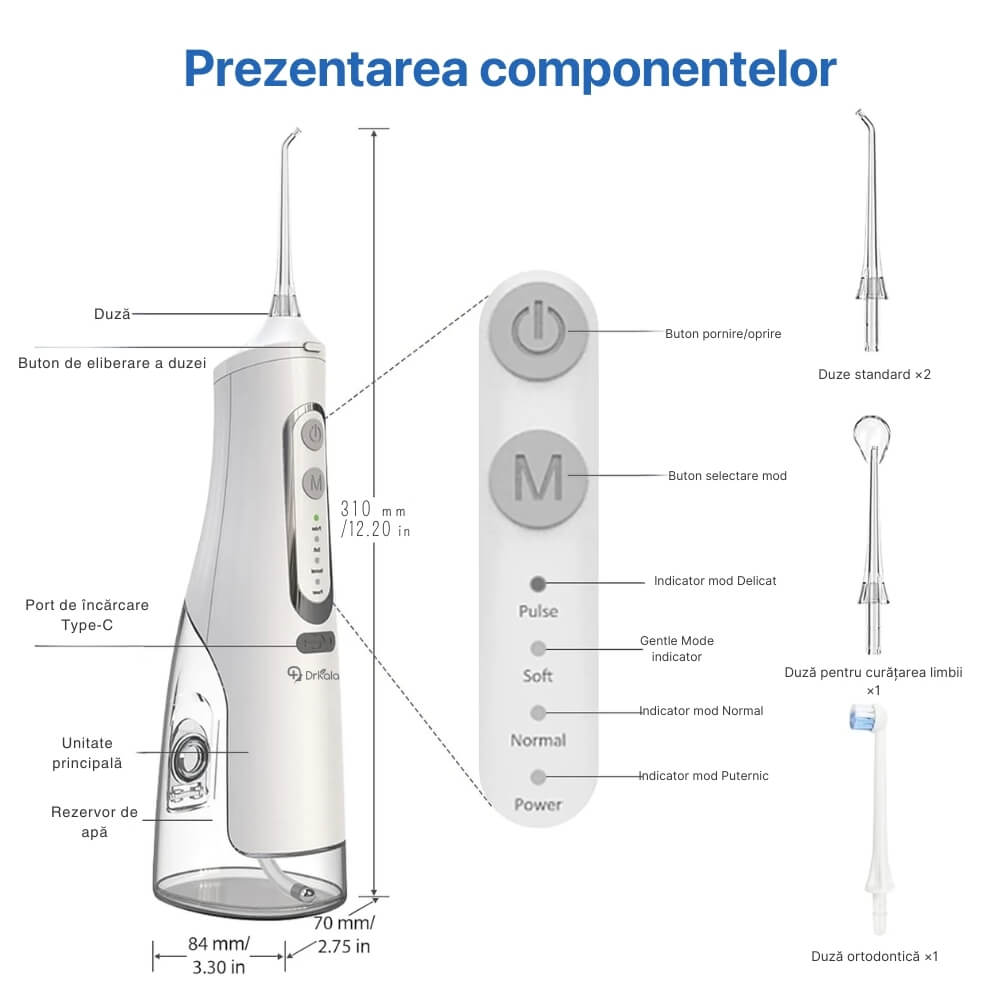 Irigator Bucal Profesional, DrKala®, Dus Bucal Portabil, 1600-1999 pulsatii/min, 4 Moduri, Memorie, Rezervor 310ml, 4 Duze, Alb
