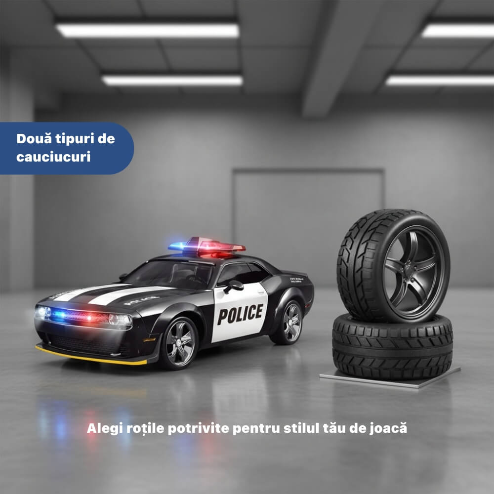 Masinuta cu Telecomanda, RC Drift Police Car, 1:24, 2.4GHz, Tractiune Integrala, 2 Seturi Anvelope (Speed & Drift), Obstacole Incluse, Baterie Reincarcabila, Jucarie Cadou Ideal pentru Copii si Adulti, Negru