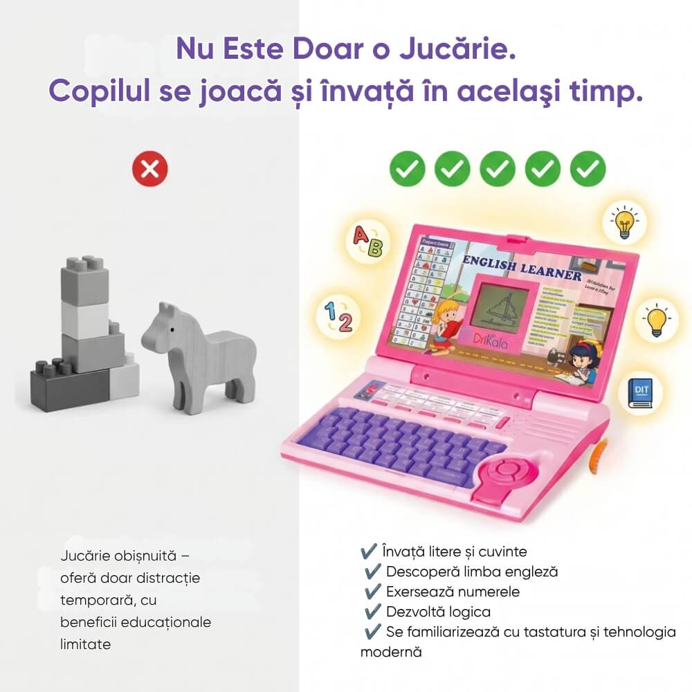 Laptop educational copii English Learner, limba engleza, alfabet, numere, muzica, jocuri interactive, ecran de desen, taste mari, roz