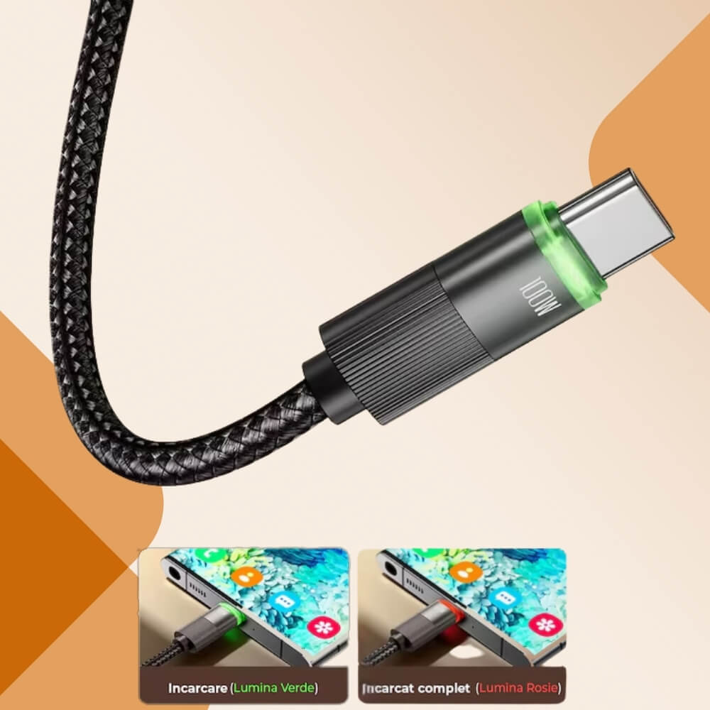 Cablu de Incarcare si Transfer de Date, Fast Charge 100W, DigiKalaX®, 480Mbps, 1.8m, LED Inteligent, Nylon, USB-C la Type-C, Negru