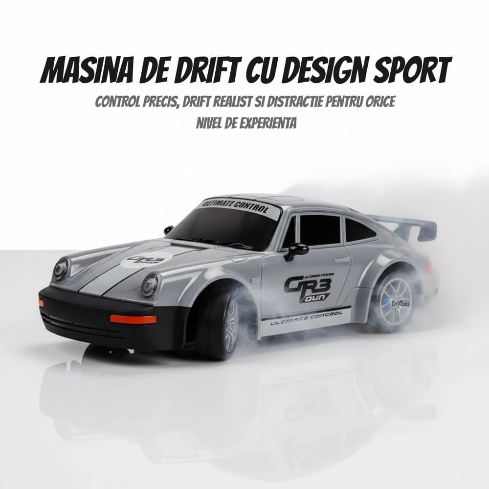 Masinuta cu Telecomanda RC Drift Car, Porsche Vintage, 1:24, 2.4GHz, 20 km/h, Tractiune Integrala, 2 Seturi Anvelope (Speed & Drift), Obstacole Incluse, Baterie Reincarcabila, Gri