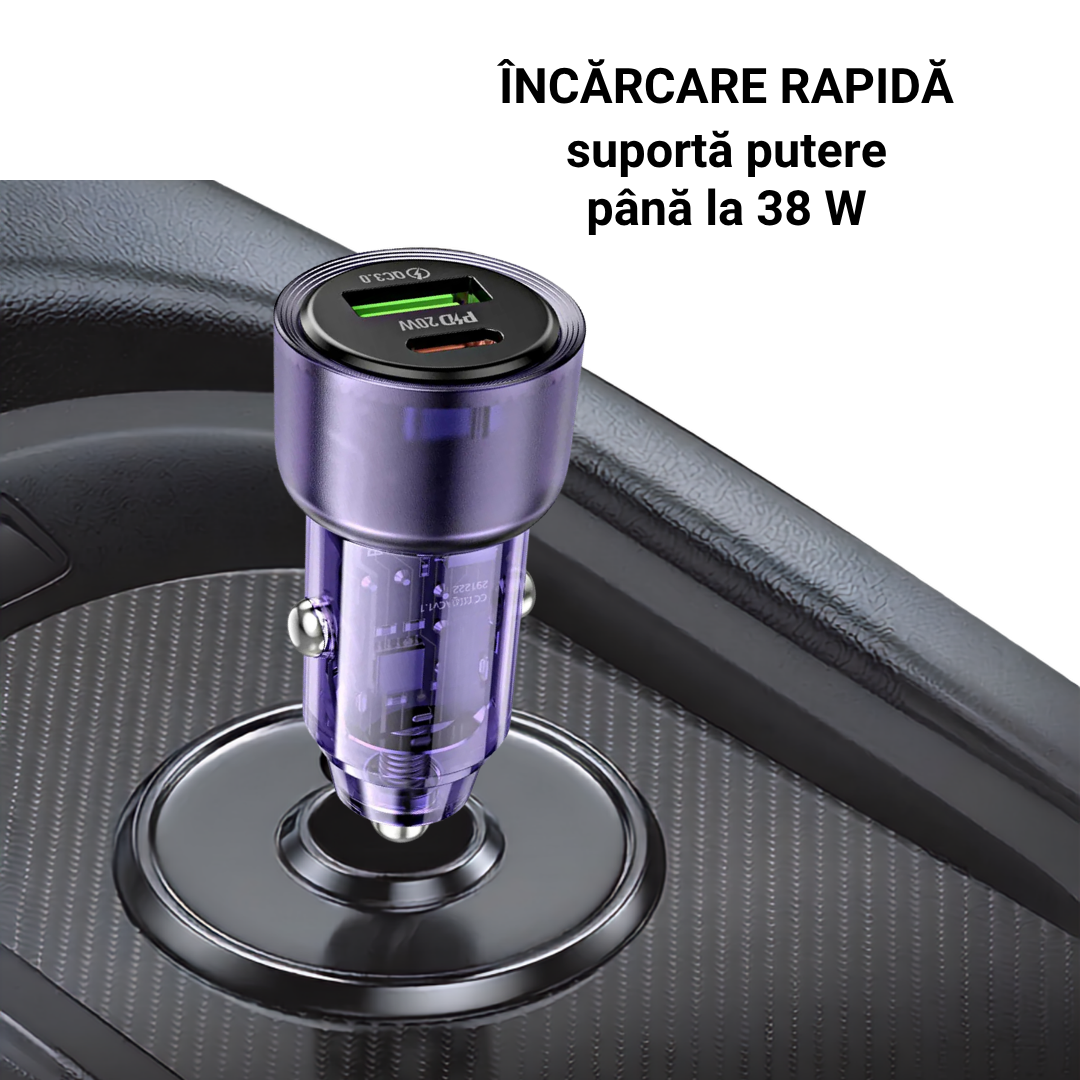 Incarcator Auto Fast Charge 38W, Dual Port USB si Type-C (PD 20W + QC 3.0), Design Transparent, Compatibil Telefon, Tableta, Laptop, Mov
