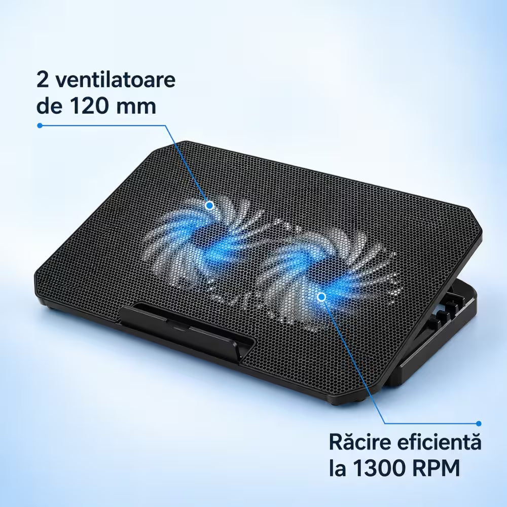 Laptop Cooler, Stand de racire laptop GA4, 2 Ventilatoare 120 mm, 7 Trepte, Compatibil cu dimensiunile 12–17”, Negru