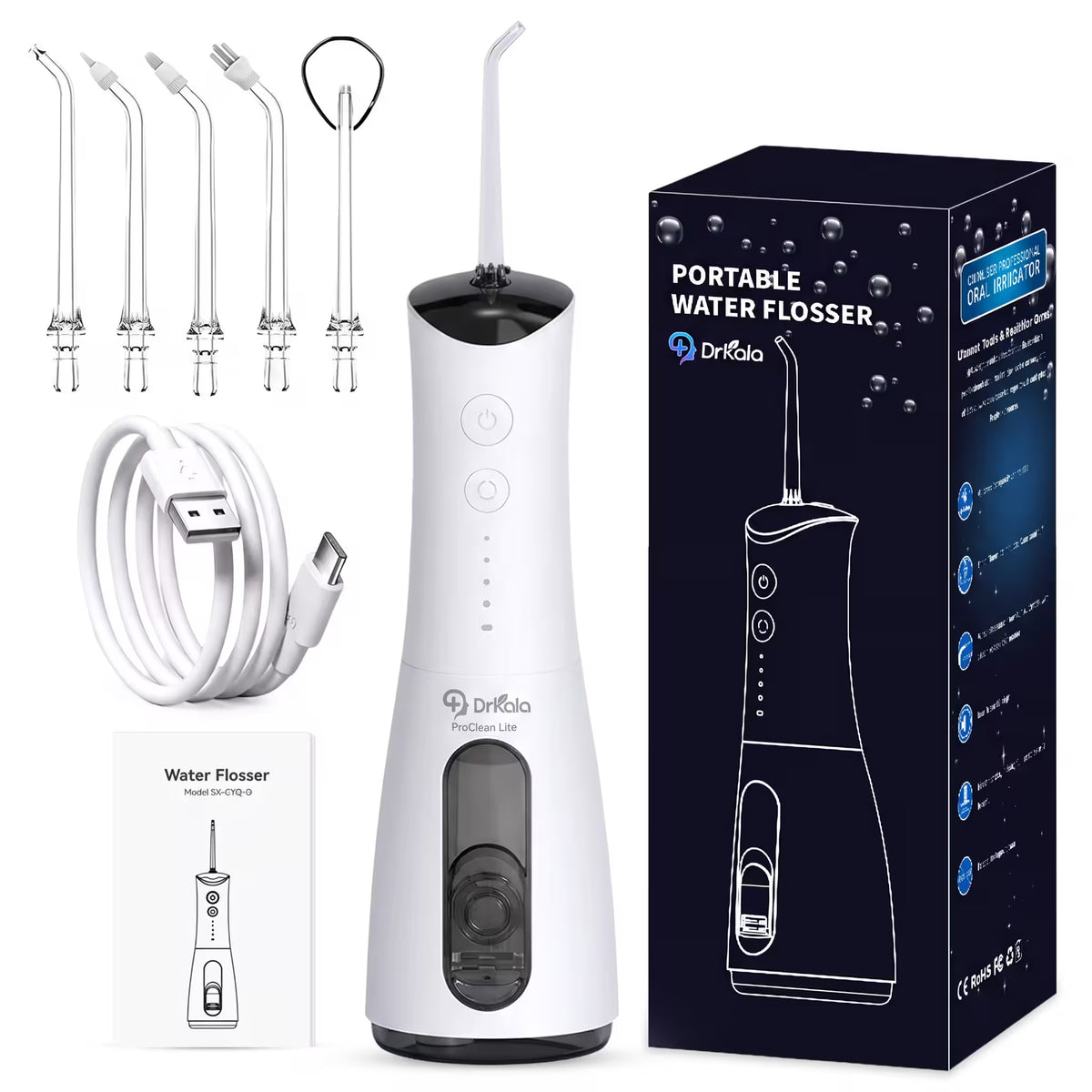Irigator Bucal Profesional, DrKala®, Dus Bucal Portabil, 4 Moduri, Memorie, Pana la 1600 pulsații/minut, Rezervor 300ml, 5 Duze, Alb