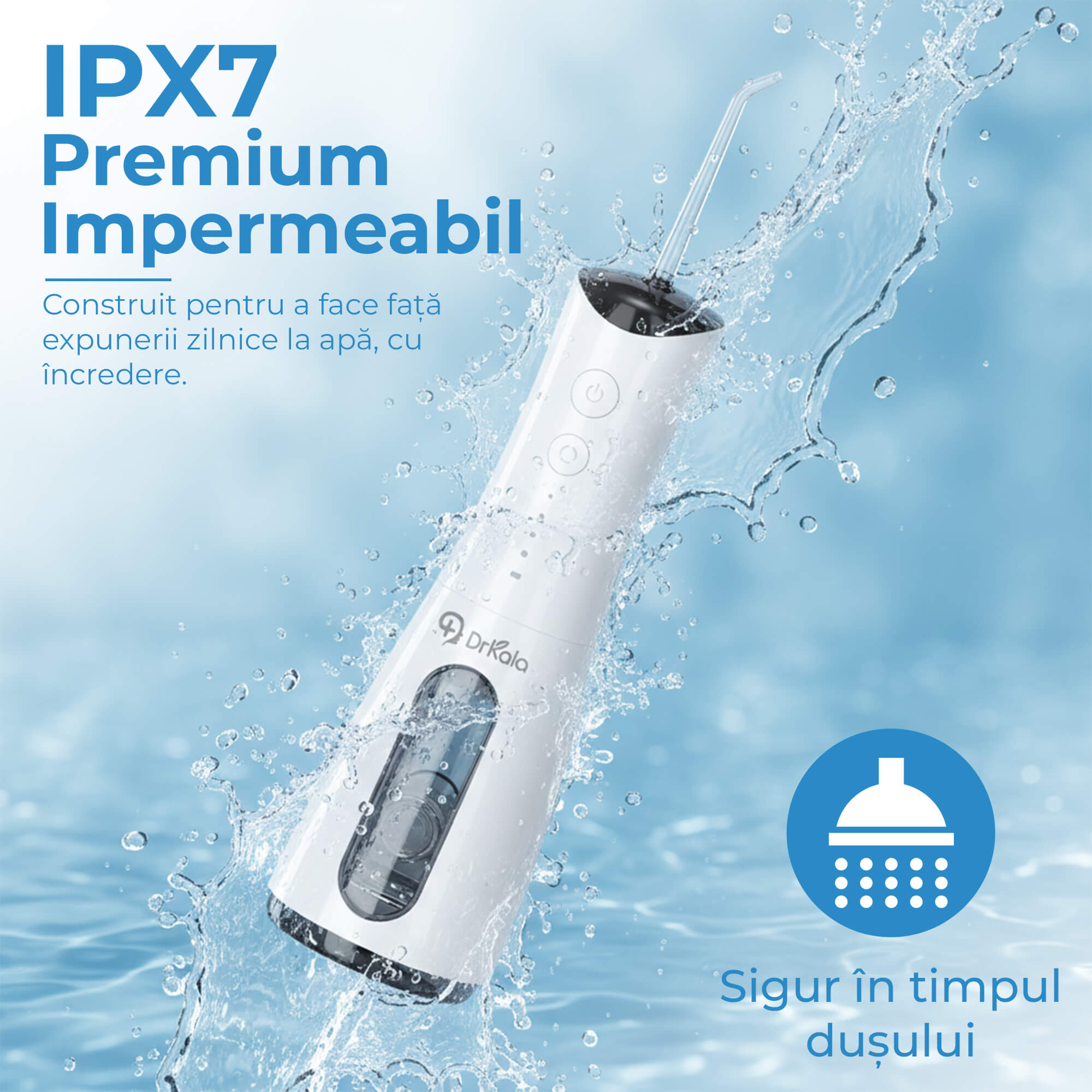 Irigator Bucal Profesional, DrKala®, Dus Bucal Portabil, 4 Moduri, Memorie, Pana la 1600 pulsații/minut, Rezervor 300ml, 5 Duze, Alb