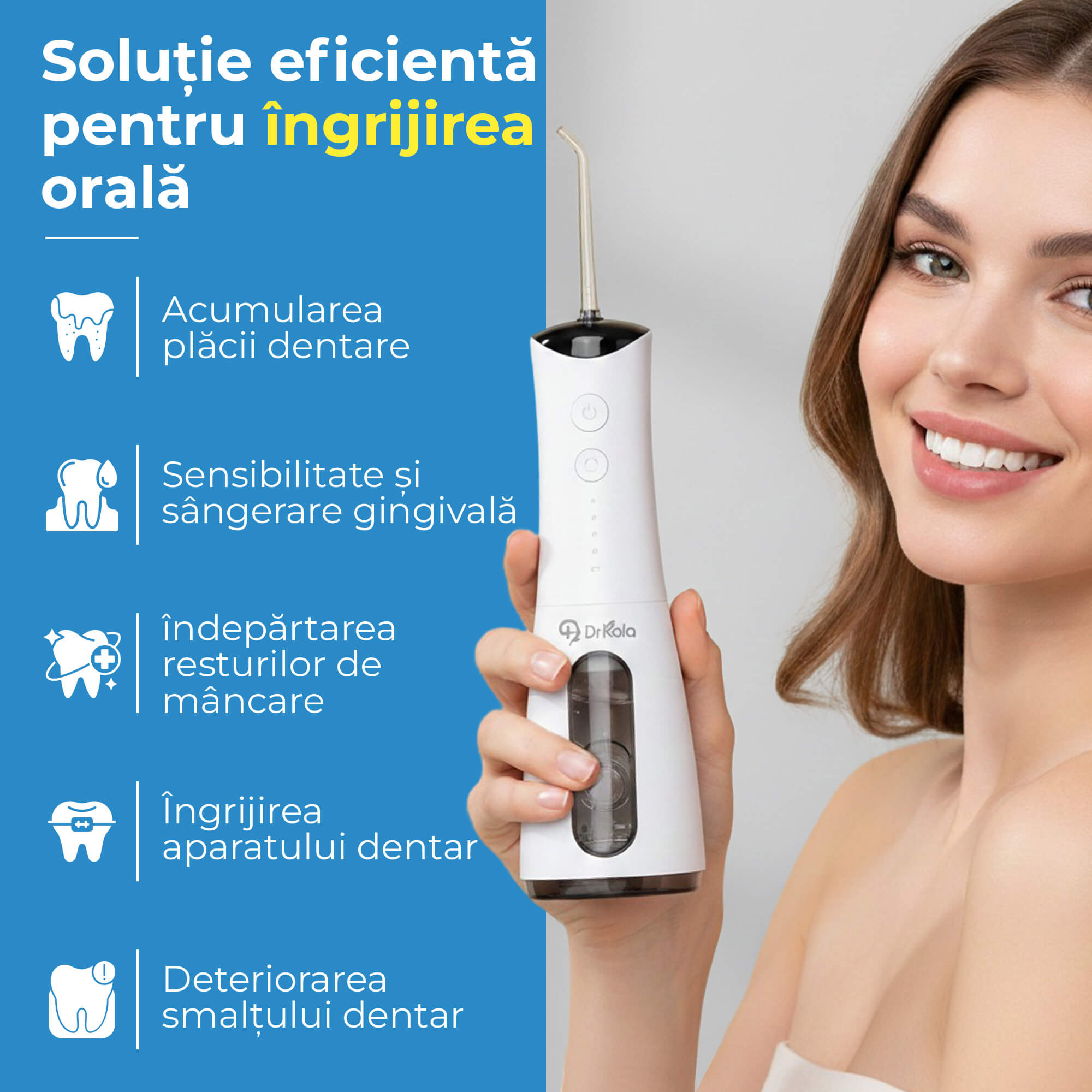 Irigator Bucal Profesional, DrKala®, Dus Bucal Portabil, 4 Moduri, Memorie, Pana la 1600 pulsații/minut, Rezervor 300ml, 5 Duze, Alb
