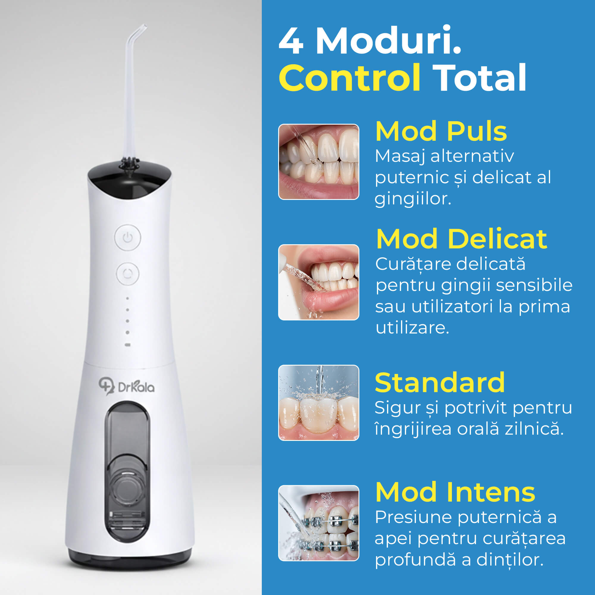 Irigator Bucal Profesional, DrKala®, Dus Bucal Portabil, 4 Moduri, Memorie, Pana la 1600 pulsații/minut, Rezervor 300ml, 5 Duze, Alb