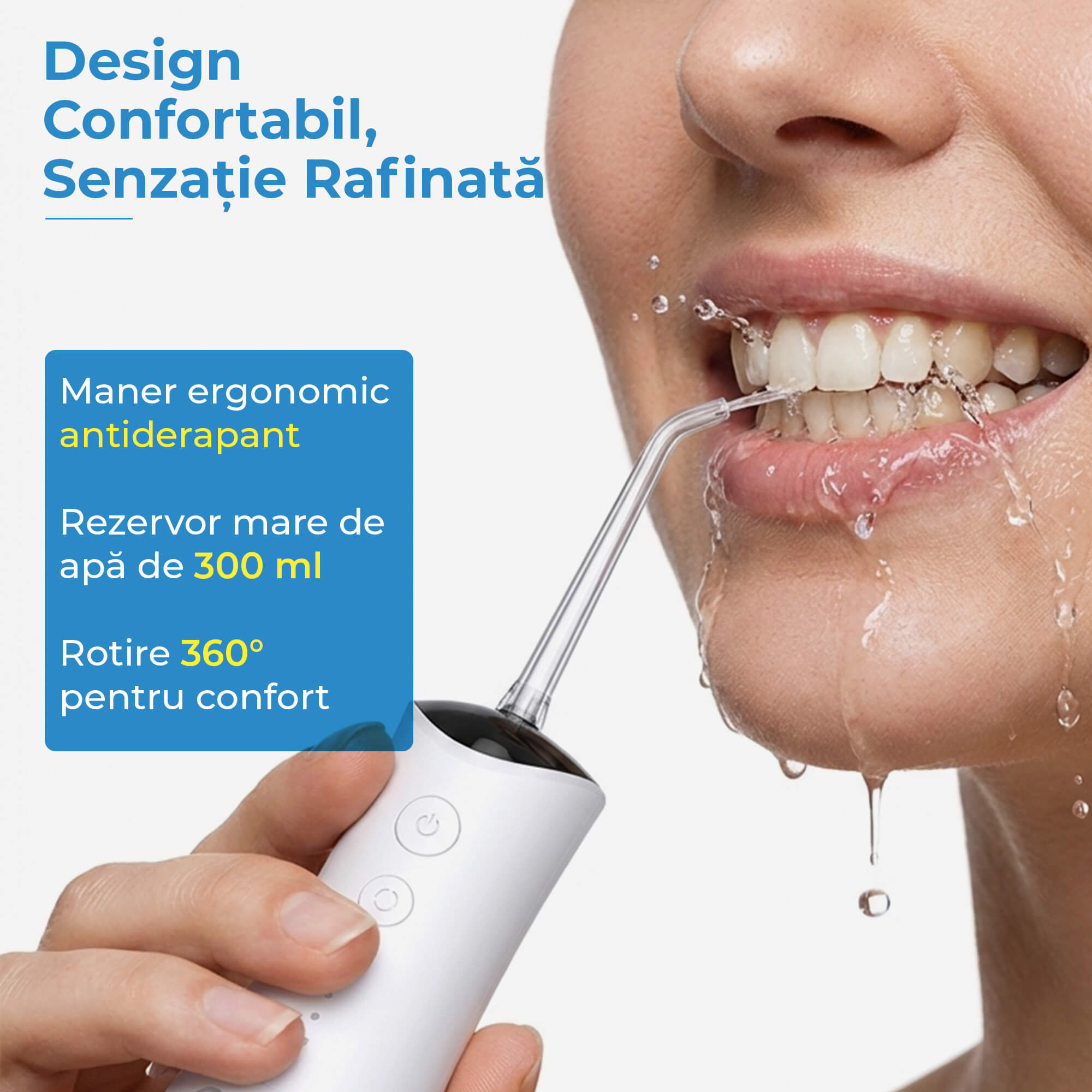 Irigator Bucal Profesional, DrKala®, Dus Bucal Portabil, 4 Moduri, Memorie, Pana la 1600 pulsații/minut, Rezervor 300ml, 5 Duze, Alb