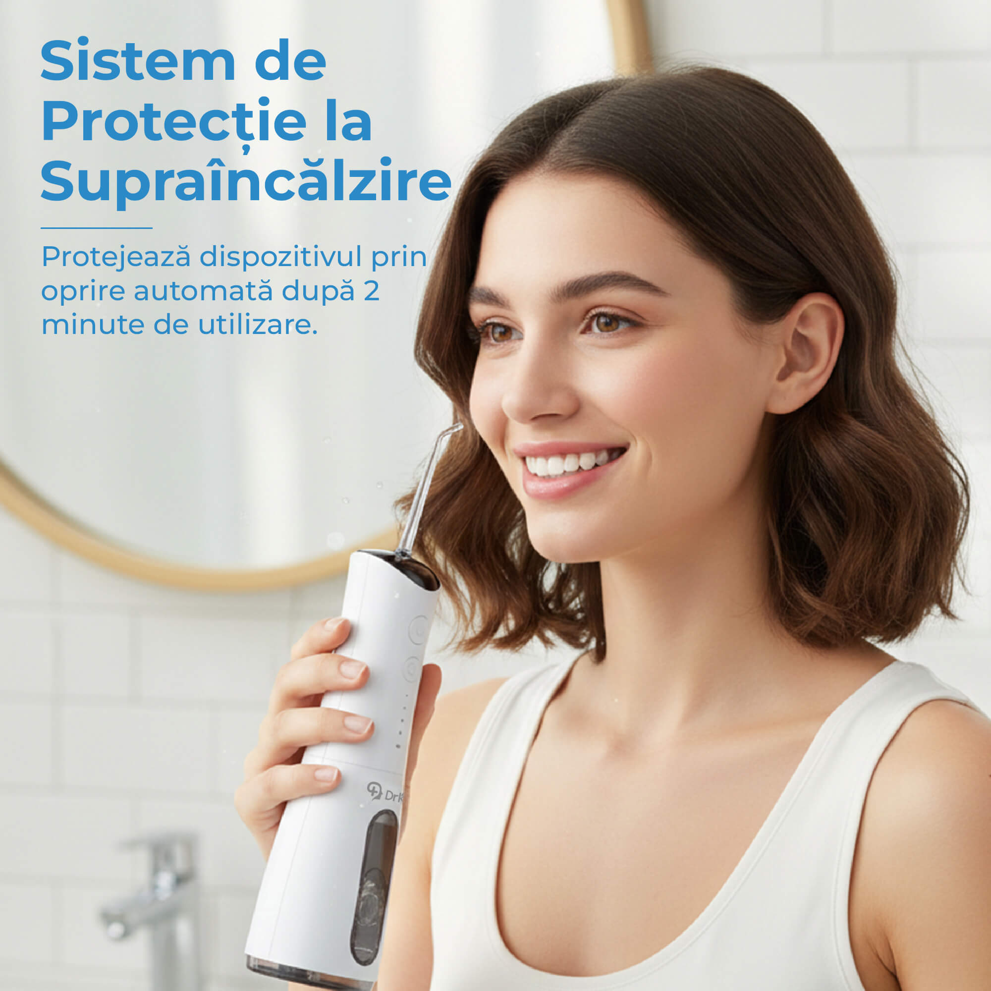 Irigator Bucal Profesional, DrKala®, Dus Bucal Portabil, 4 Moduri, Memorie, Pana la 1600 pulsații/minut, Rezervor 300ml, 5 Duze, Alb