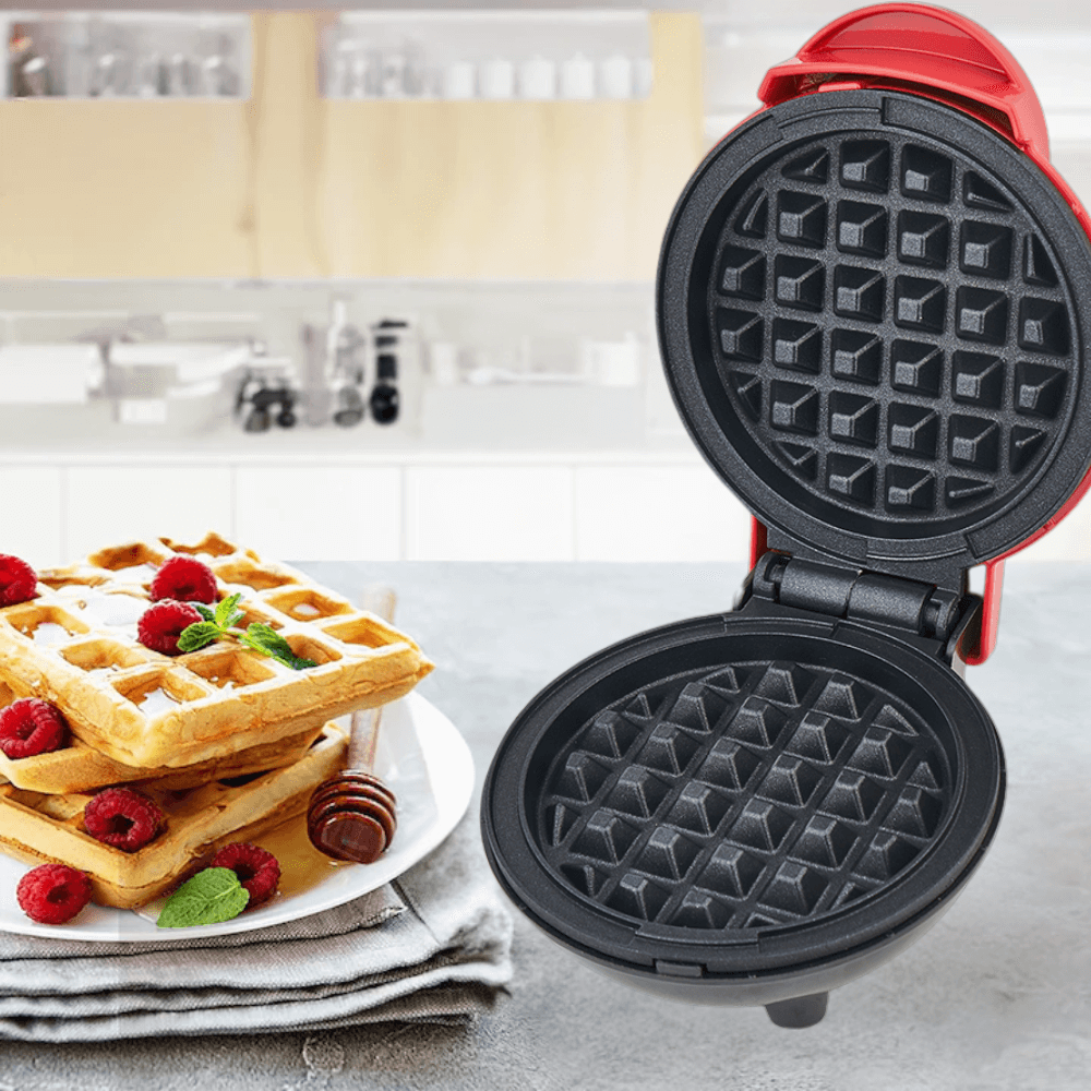 Mini aparat de făcut waffle 800W – compact, rapid, antiaderent, ideal pentru deserturi și gustări, roșu vibrant