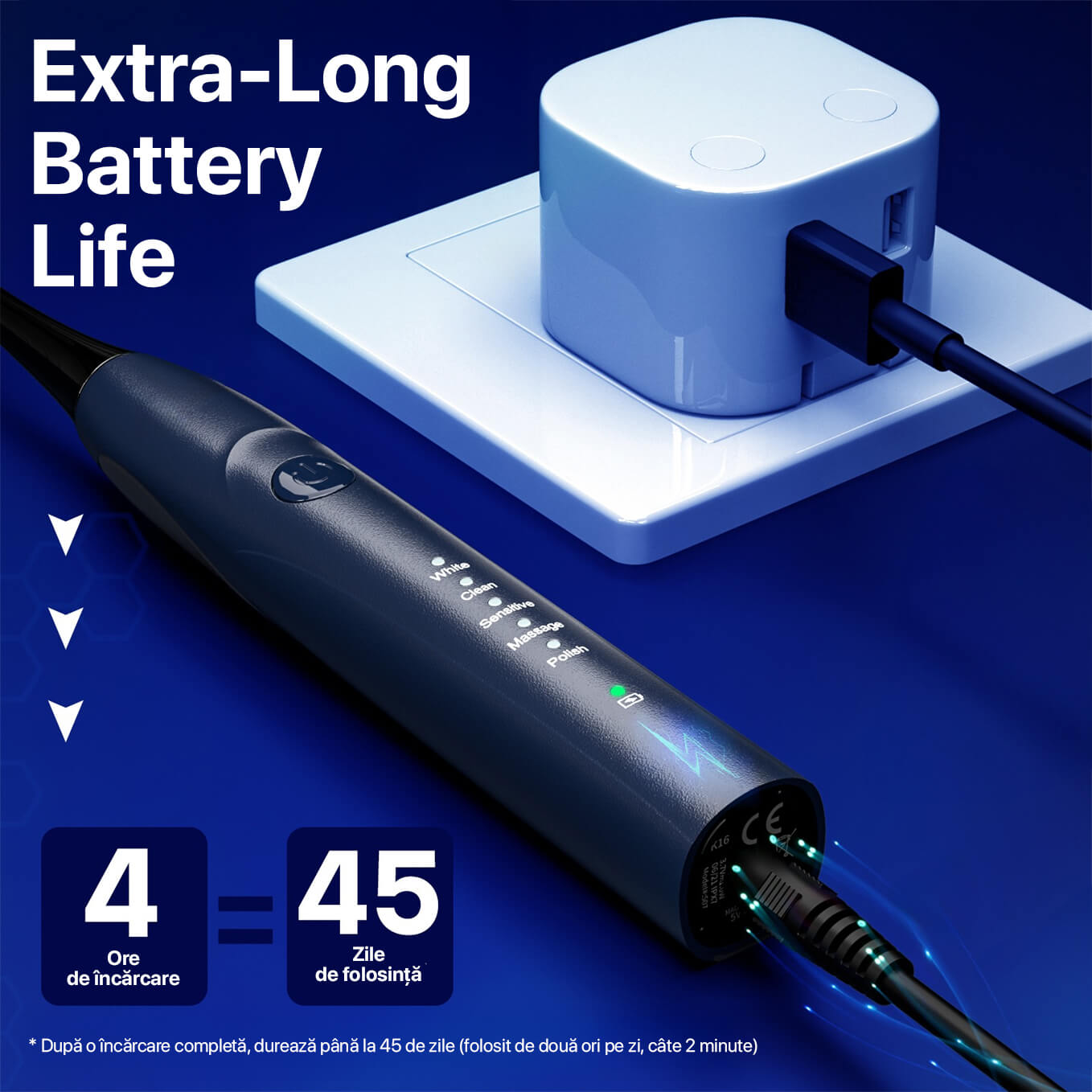 Periuta de dinti electrica sonica DrKala, Cu Carbune activ, 5 Moduri, 2 Capete, pana la 42.000 vibrații/min, IPX7, Negru/Albastru