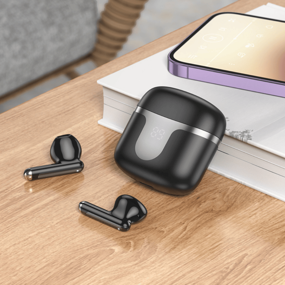 Casti Audio Wireless Earbuds, Conexiune Bluetooth 5.3, Carcasa 300mAh cu Display Digital LED, Autonomie 180h Standby, Design Snowflake, Negru/Mov