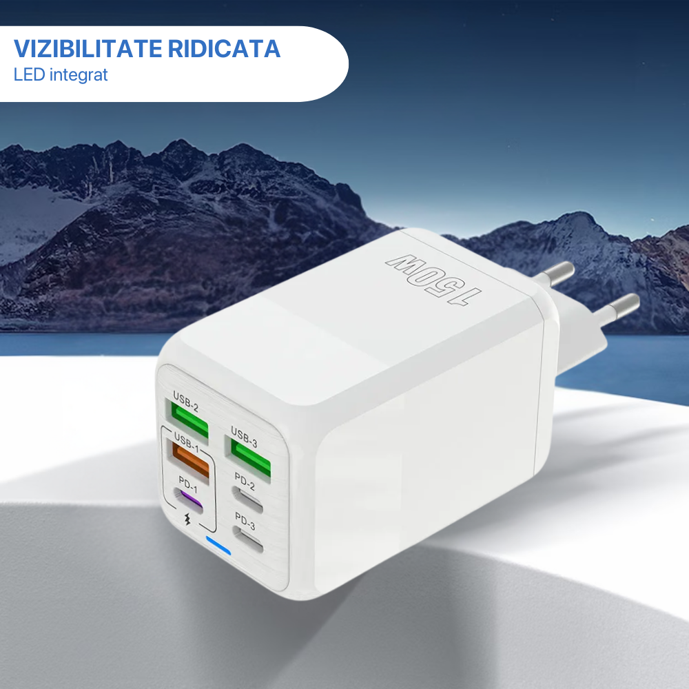 Incarcator Adaptor Retea, 6 porturi, 3 x USB, 3 x Type-C, 150W Fast Charge, LED, Alb