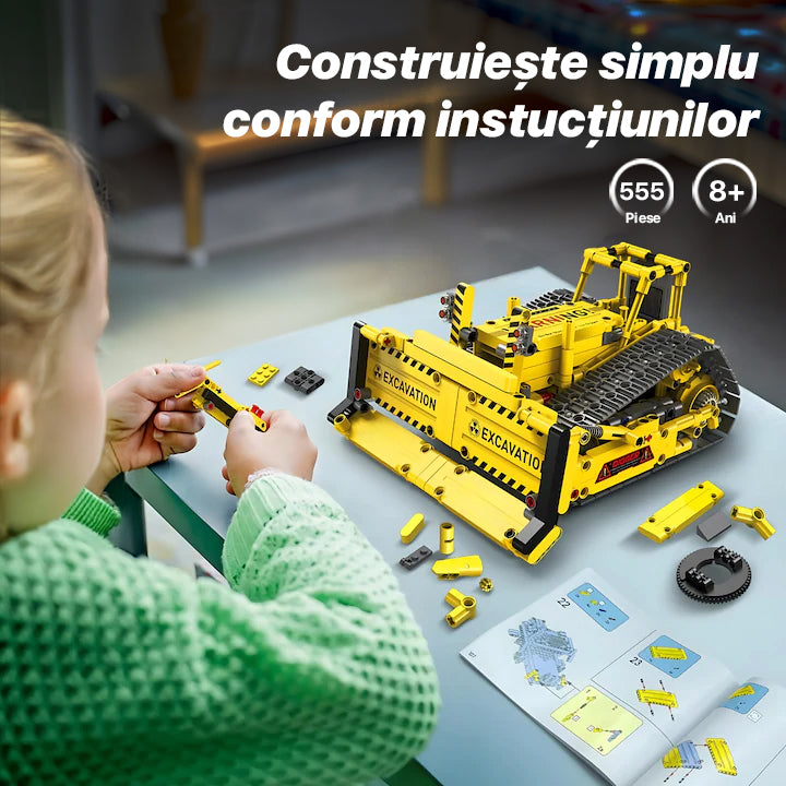 Set de Constructie STEM 5 in 1, 555 PIESE, Controlat prin Telecomanda - Bulldozer, Excavator, Robot si Camion Basculant Platforma Lift, Aplicatie, Jucarie Ideala pentru Copii 12+ ani