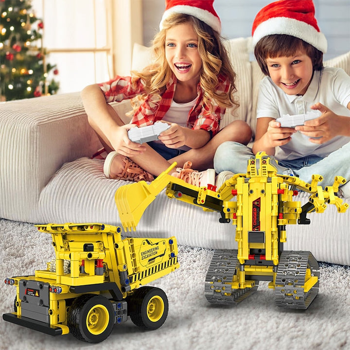 Set de Constructie STEM 5 in 1, 555 PIESE, Controlat prin Telecomanda - Bulldozer, Excavator, Robot si Camion Basculant Platforma Lift, Aplicatie, Jucarie Ideala pentru Copii 12+ ani