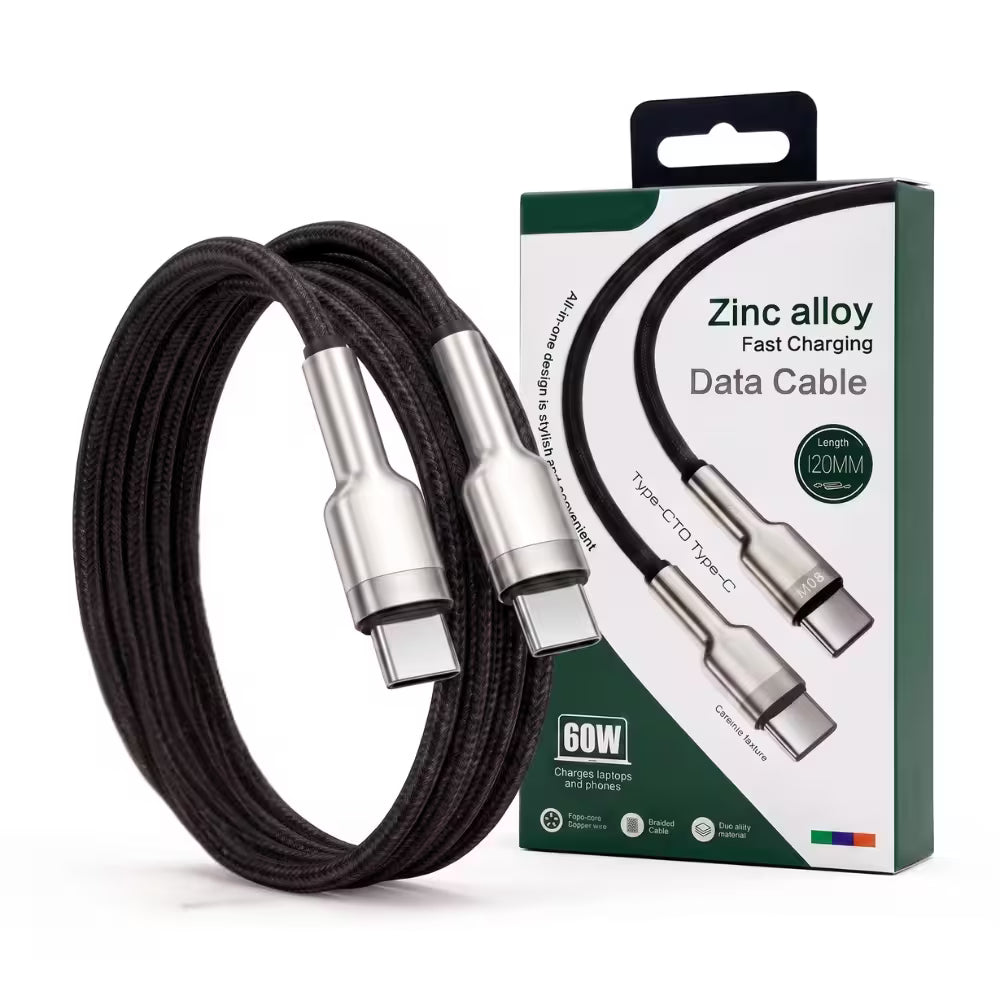 Cablu de Date si Incarcare Rapida Type-C la Type-C, Putere 60W, Lungime 1.2m, Textil Flexibil Rezistent, Conectori Aliaj Zinc