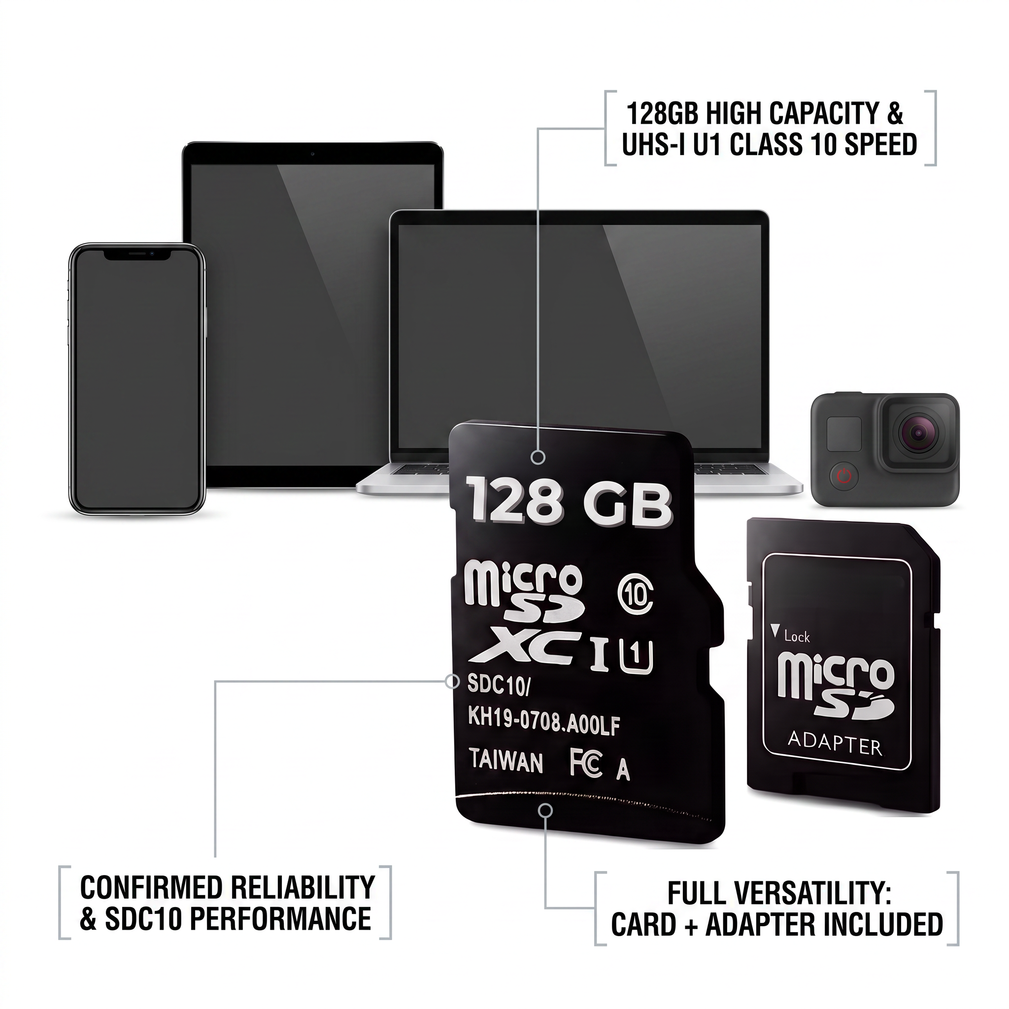 Card de Memorie MicroSDXC cu Adaptor SD Inclus, Viteză Citire 90 MB/s, pentru Telefon, Aparat Foto, Camere Auto și Supraveghere