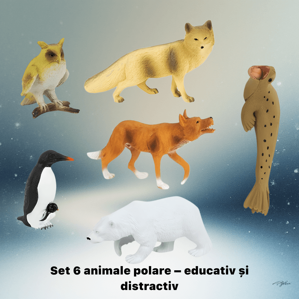 Figurine 6 piese mix animale exotice polare, Urs polar, Bufnita Polara, Foca, Pinguin, Vulpe roscata, 14 cm diagonala, multicolor