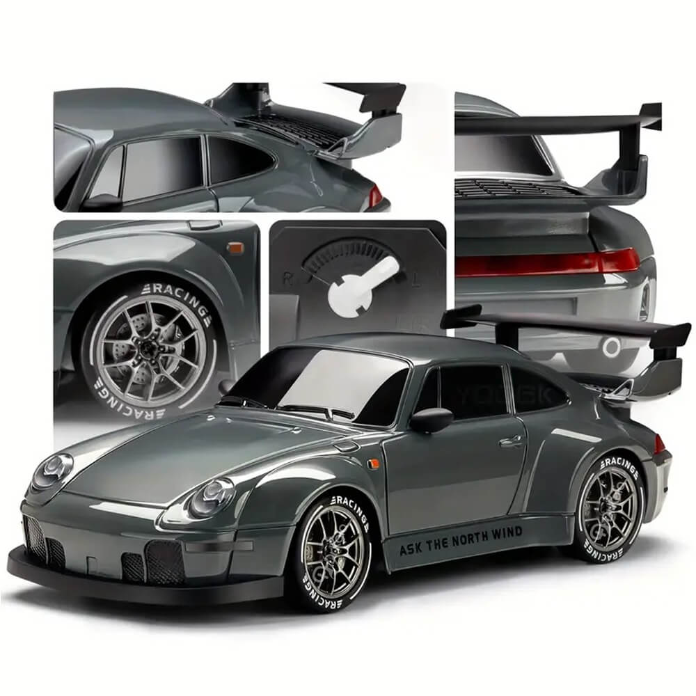 Masinuta cu Telecomanda, RC Drift Car, 1:24, 2.4GHz, 20 km/h, Tractiune Integrala, 2 Seturi Anvelope (Speed & Drift), Obstacole Incluse, Baterie Reincarcabila, Gri