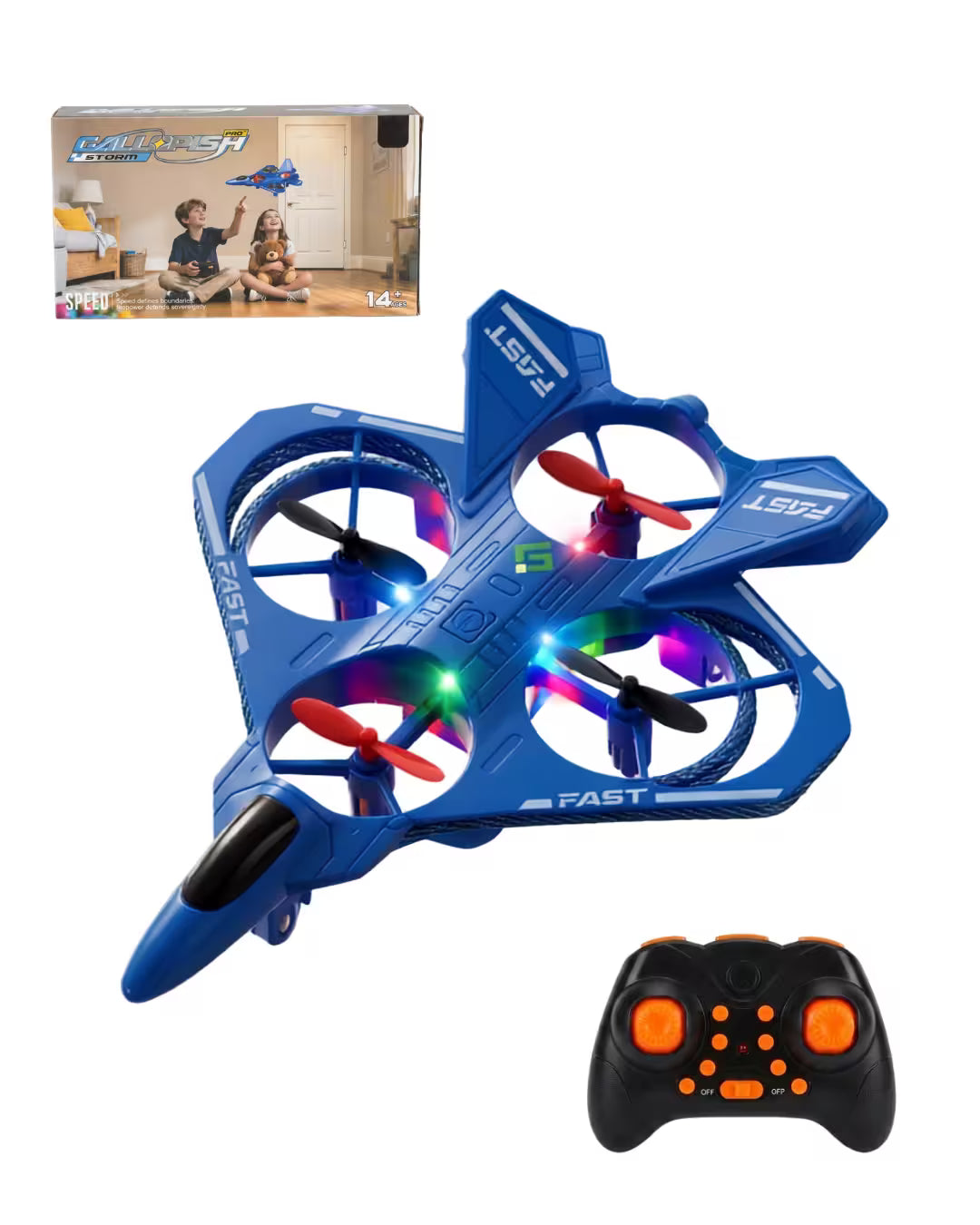 Dronă Tip Avion de Luptă Cvadrocopter, Telecomandă 2.4 GHz, Acrobații 360°, Zbor 100m, Iluminare LED, Material EPP Super-Rezistent, Albastru