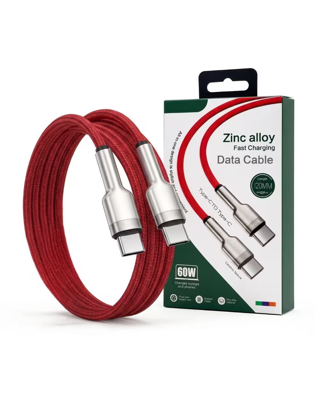 Cablu de Date și Încărcare Rapidă Type-C la Type-C, Putere 60W, Lungime 1.2m, Textil Flexibil Rezistent, Conectori Aliaj Zinc, Roșu/Argintiu