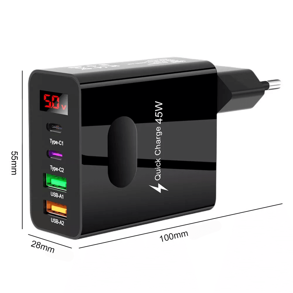 Incarcator Retea, DigikalaX, 4 Porturi, 45W, 2xUSB, 2xType-C, Universal, Negru