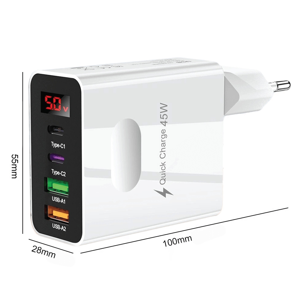 Incarcator Retea, DigikalaX, 4 Porturi, 45W, 2xUSB, 2xType-C, Universal, Alb