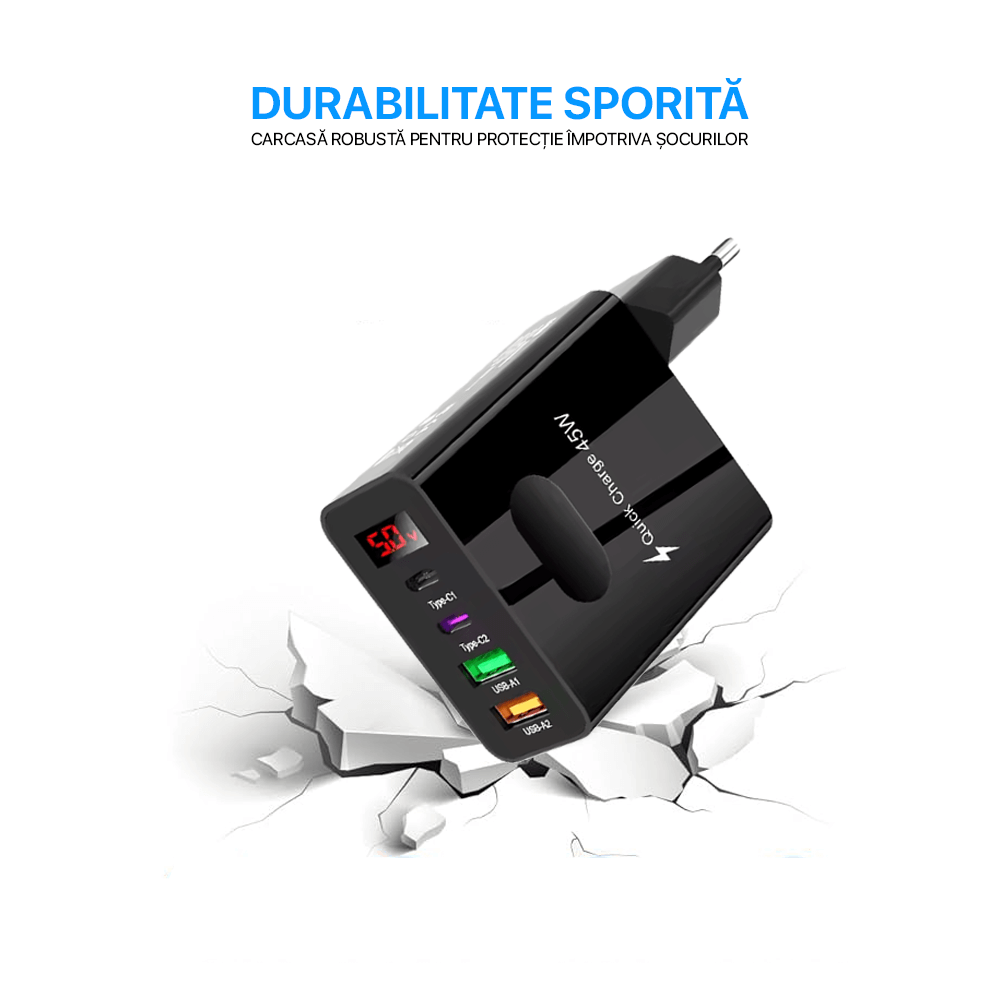 Incarcator Retea, DigikalaX, 4 Porturi, 45W, 2xUSB, 2xType-C, Universal, Negru