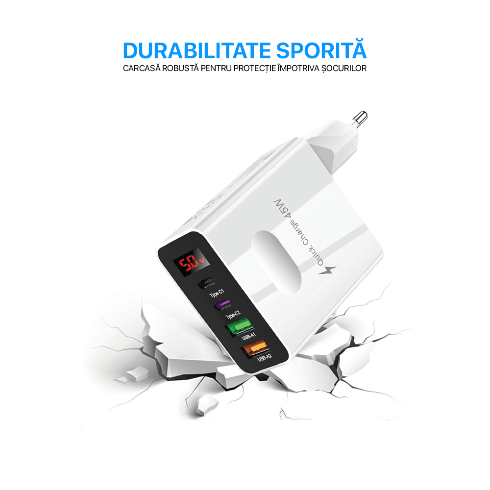 Incarcator Retea, DigikalaX, 4 Porturi, 45W, 2xUSB, 2xType-C, Universal, Alb