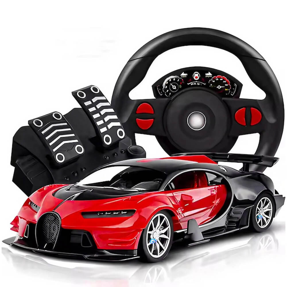 Masinuta cu telecomand, Model Bugatti, Set cu pedale si volan, Design Sportiv, Jucarie Cadou Ideal pentru Copii si Adulti +7 ani, Rosu
