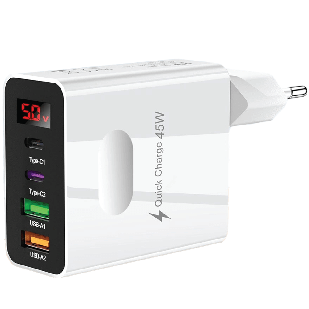 Incarcator Retea, DigikalaX, 4 Porturi, 45W, 2xUSB, 2xType-C, Universal, Alb