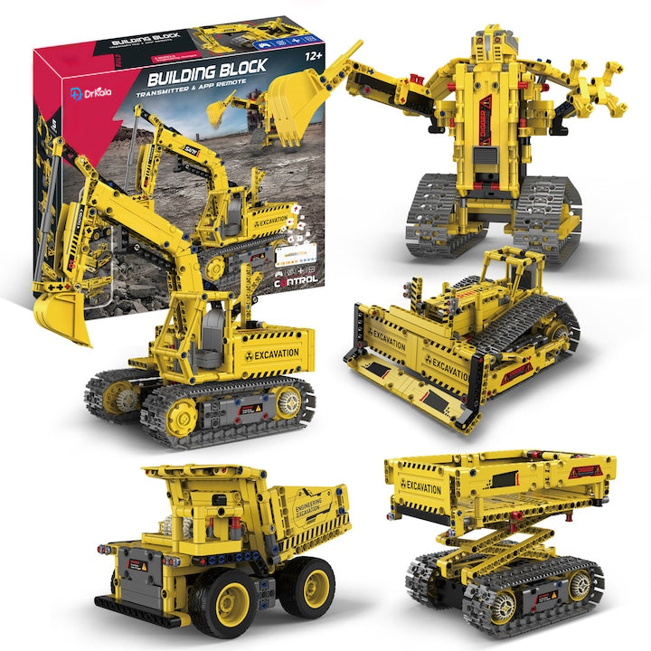 Set de Constructie STEM 5 in 1, 555 PIESE, Controlat prin Telecomanda - Bulldozer, Excavator, Robot si Camion Basculant Platforma Lift, Aplicatie, Jucarie Ideala pentru Copii 12+ ani
