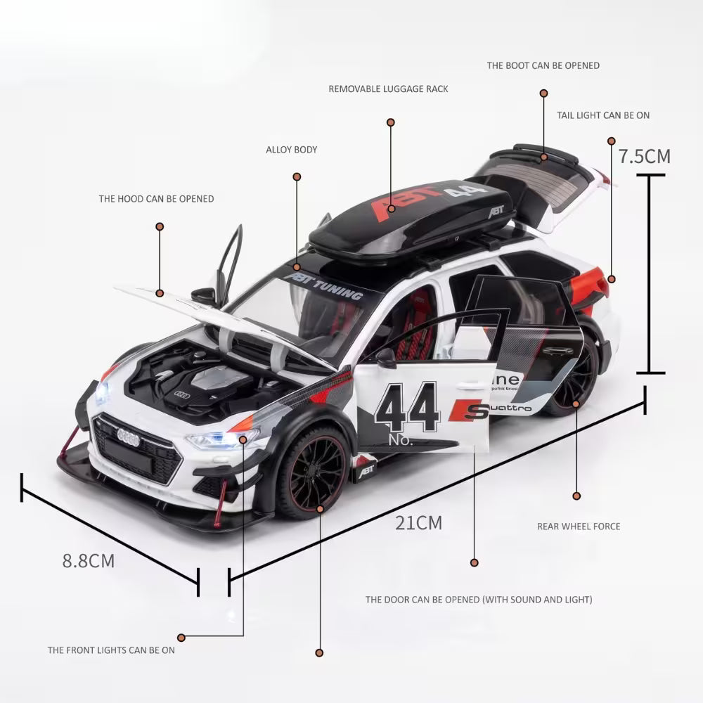 Masina Metalica Audi RS6, Scara 1:24, Usi si Portbagaj Mobile, Lumini, Sunete, Cadou Baiat, Alb/Gri/Negru