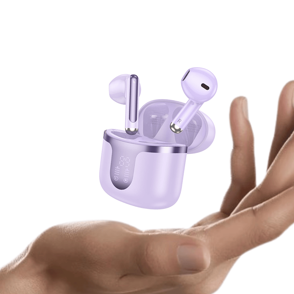 Casti Audio Wireless Earbuds, Conexiune Bluetooth 5.3, Carcasa 300mAh cu Display Digital LED, Autonomie 180h Standby, Design Snowflake, Negru/Mov