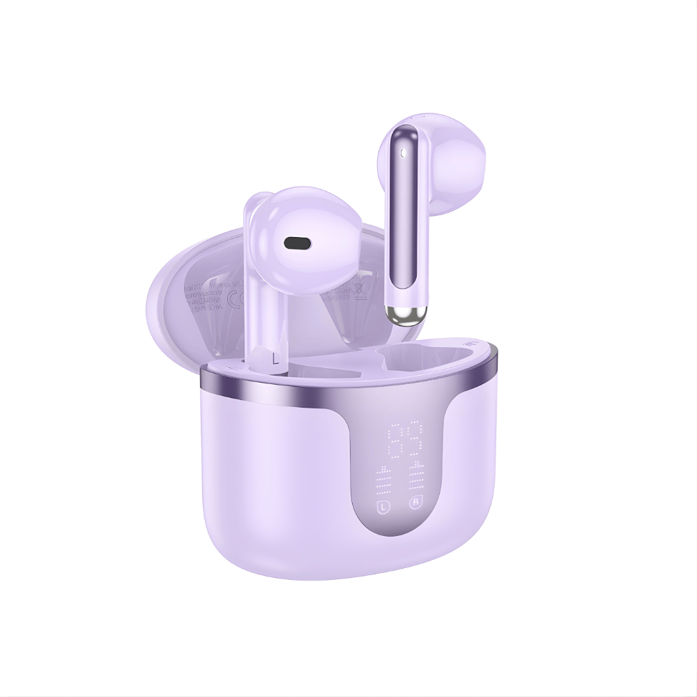 Casti Audio Wireless Earbuds, Conexiune Bluetooth 5.3, Carcasa 300mAh cu Display Digital LED, Autonomie 180h Standby, Design Snowflake, Negru/Mov