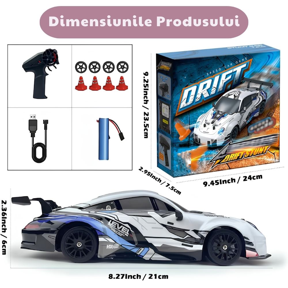 Masina RC cu Telecomana Design Porsche, Drift Car 1:24, 4WD, 20 km/h, LED-uri, Acumulatori Reincarcabili, Anvelope Inter-schimbabile, Cadou Copii si Adulti 7+, Alb