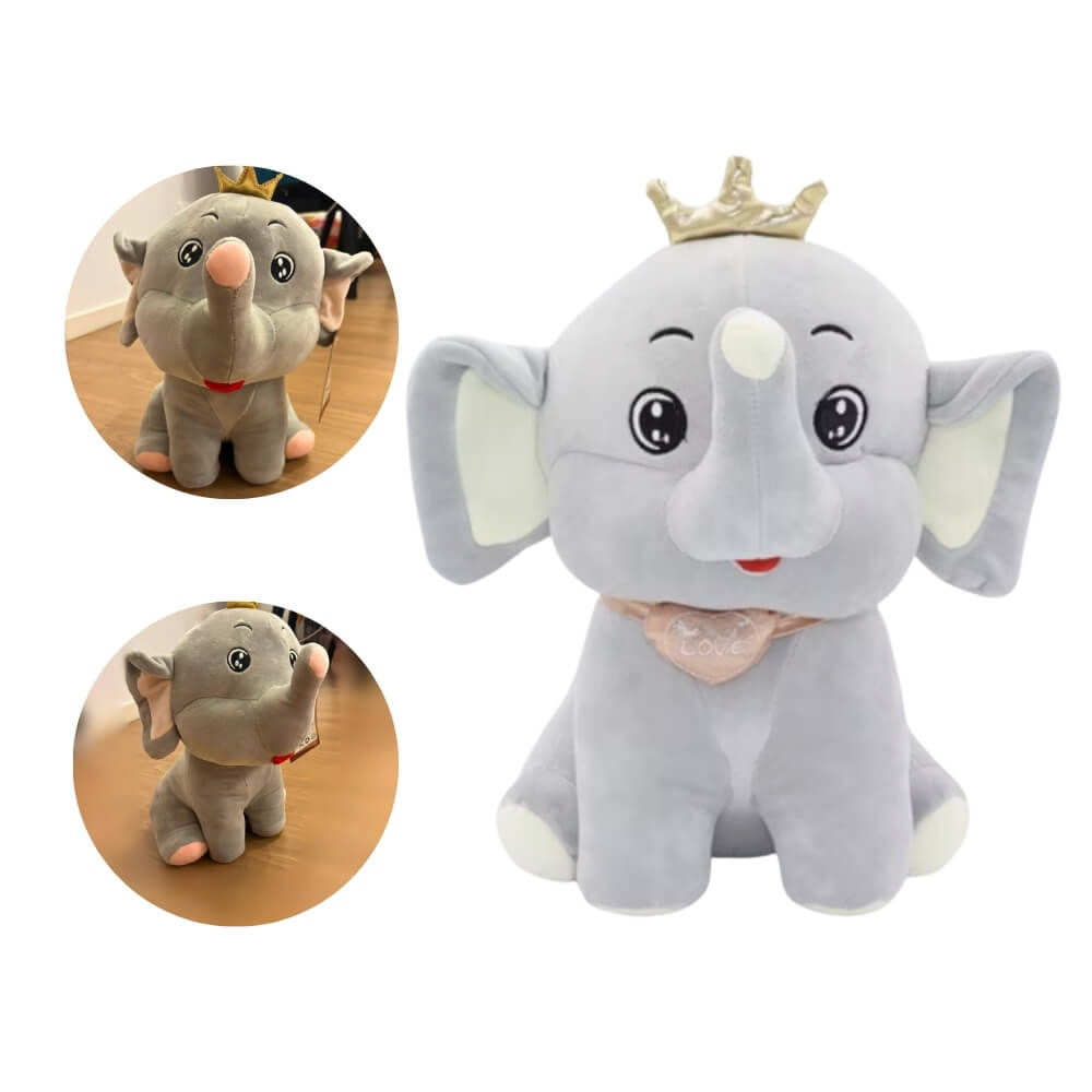 Jucărie de pluș premium Elefant gri cu inimioară și coroniță, moale și pufoasă, 30 cm, Gri