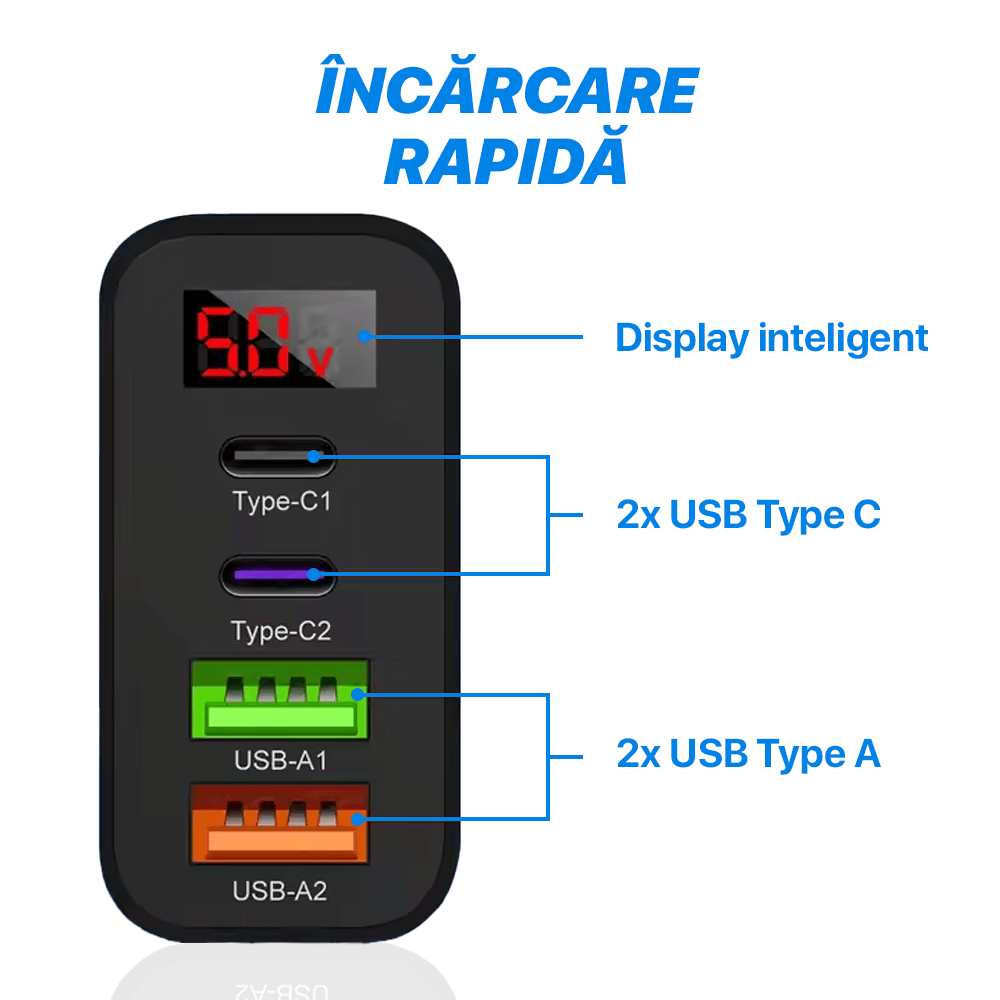 Incarcator Retea, DigikalaX, 4 Porturi, 45W, 2xUSB, 2xType-C, Universal, Negru