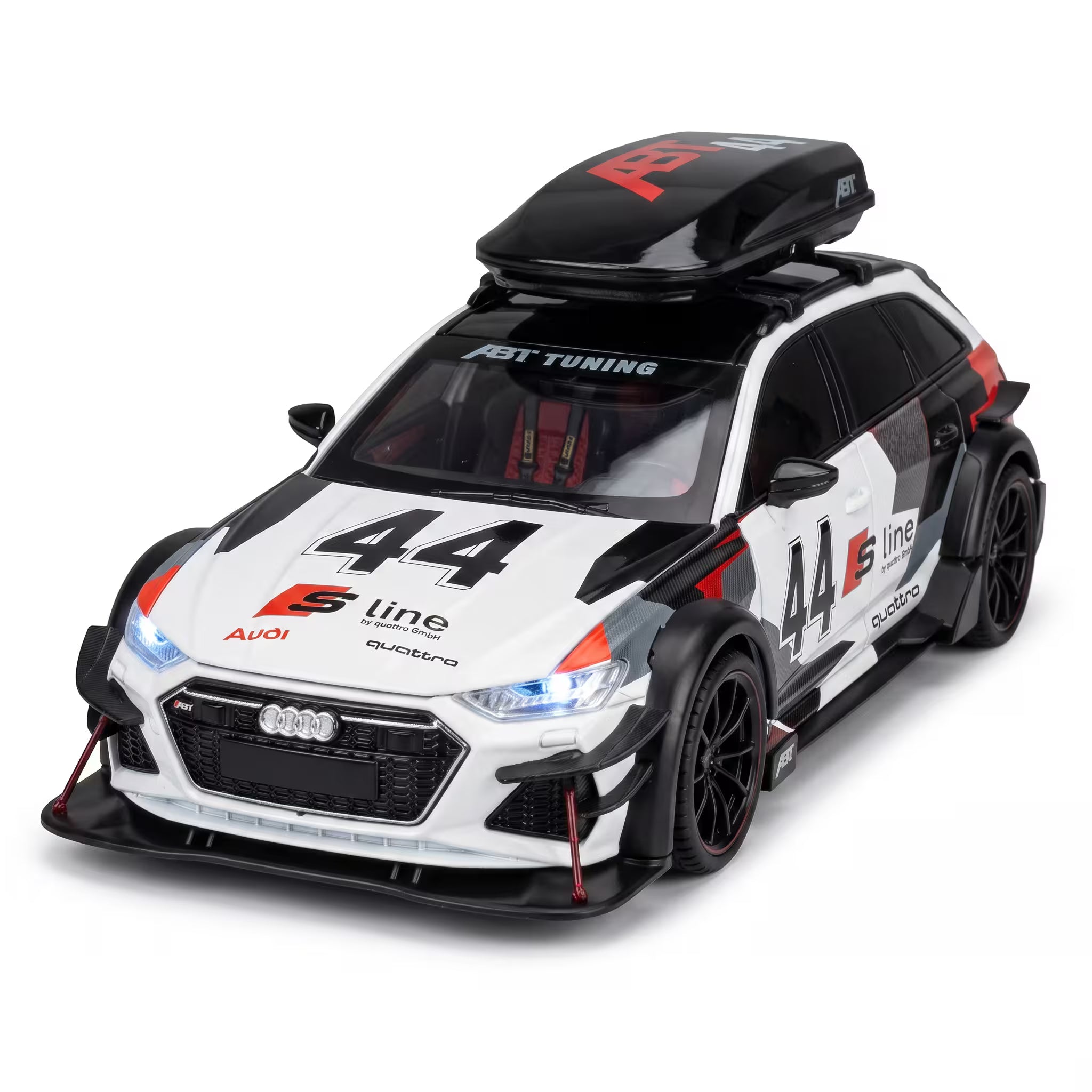 Masina Metalica Audi RS6, Scara 1:24, Usi si Portbagaj Mobile, Lumini, Sunete, Cadou Baiat, Alb/Gri/Negru