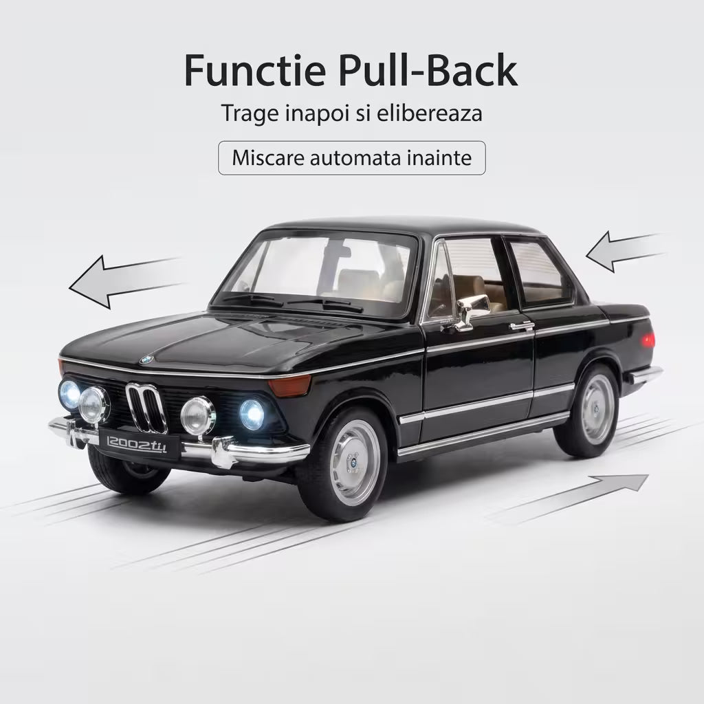 Masina Metalica BMW E10 2002 Retro, Scara 1:24, Usi si Portbagaj Mobile, Lumini, Negru