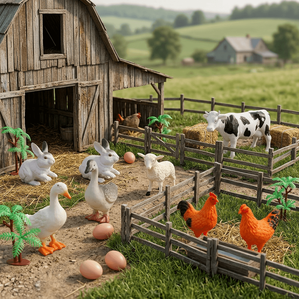 Set Animale de Ferma pentru Copii 3+ Ani, Figurine Realiste cu Gard si Accesorii, Jucarie Educativa pentru Joc de Rol, Alb/Portocaliu