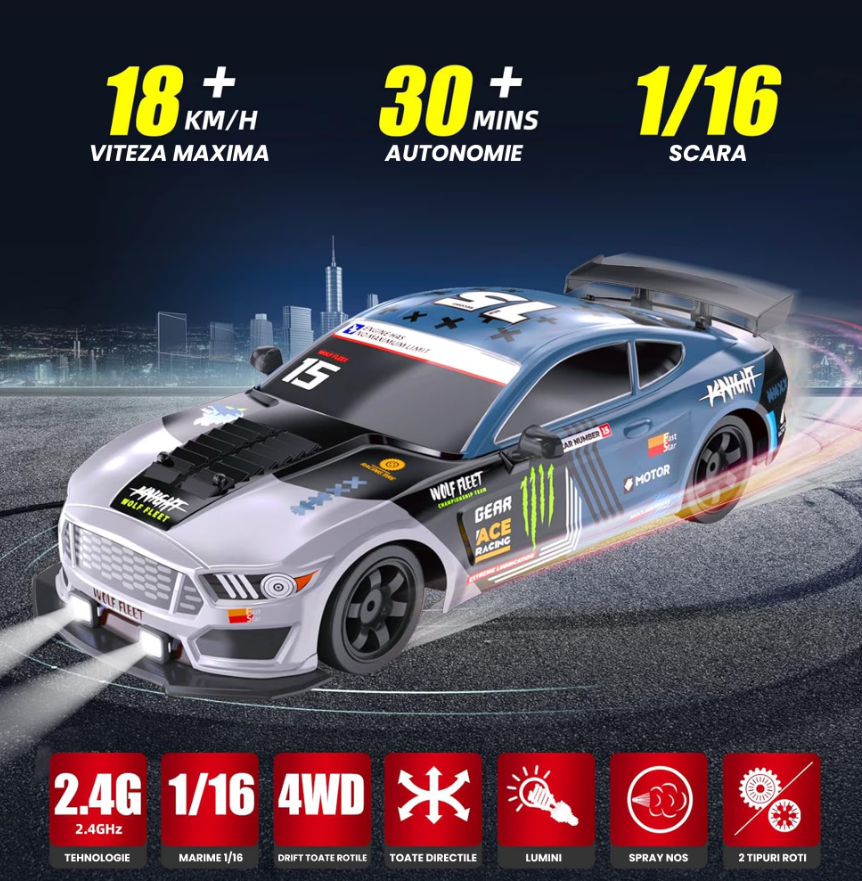 Masina cu telecomanda RC Drift, Digital Kala, 20km/h, lumini LED, 1:16, Gri/Albastru