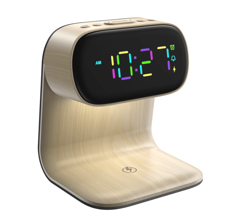 Ceas & Lampa de Dormit, LED , RGB , Incarcare Wireless Integrata, Woody