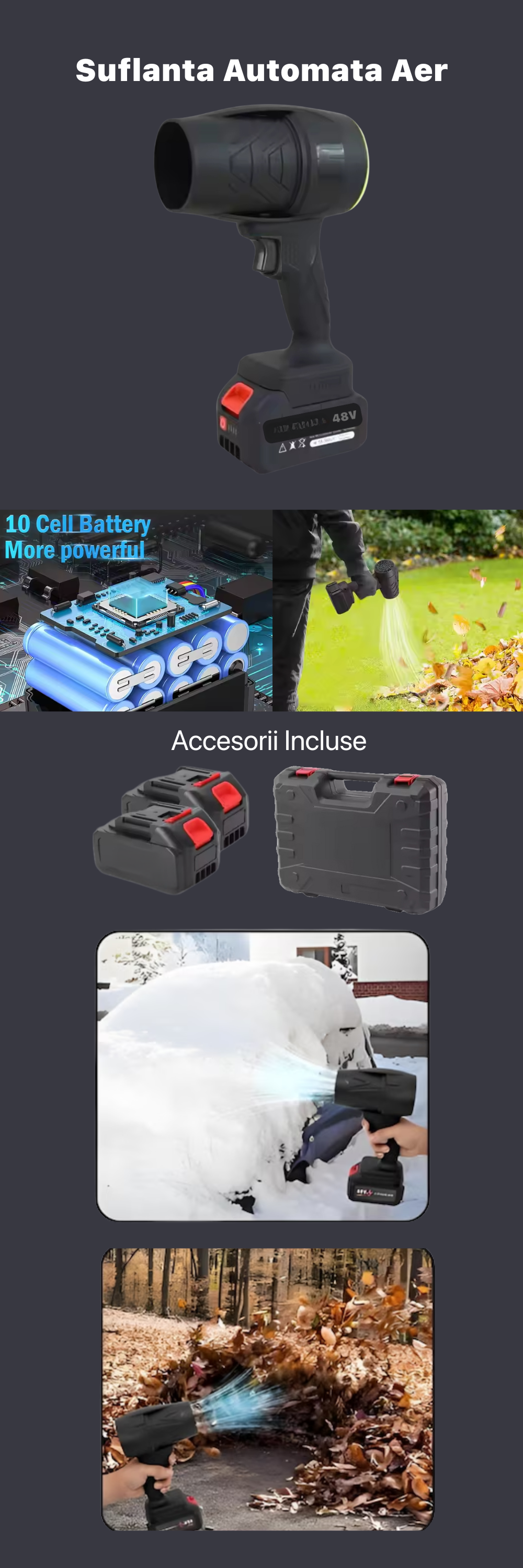Suflanta Aer DigikalaX®, 48V, cu 2 Acumulatori, Incarcator inclus, Portabila, Puternica si Eficienta, pentru Curatare si Gradina, Negru